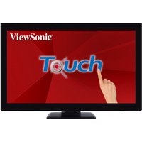 Black Viewsonic 27" Full HD LED touchscreen monitor with red background and hand touching the screen.