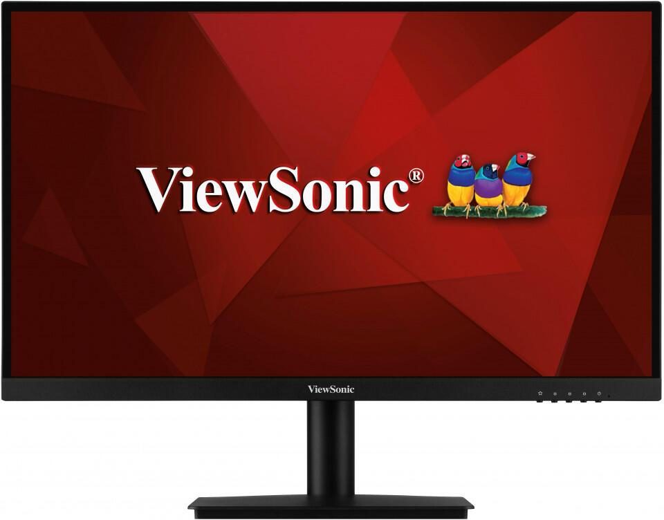 Black 22-inch Viewsonic VA2215-H LCD monitor with a sleek design, featuring a vibrant red background displaying the Viewsonic logo and colorful birds, and touch-sensitive buttons at the bottom.
