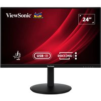 Black Viewsonic VG2409U-2 monitor, 23.8" Full HD LED, slim bezels, round base, red background display with icons