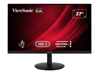 27-inch Viewsonic VG SuperClear monitor with a sleek black design, height-adjustable stand, USB-C docking feature, and vibrant red display background showcasing its capabilities.