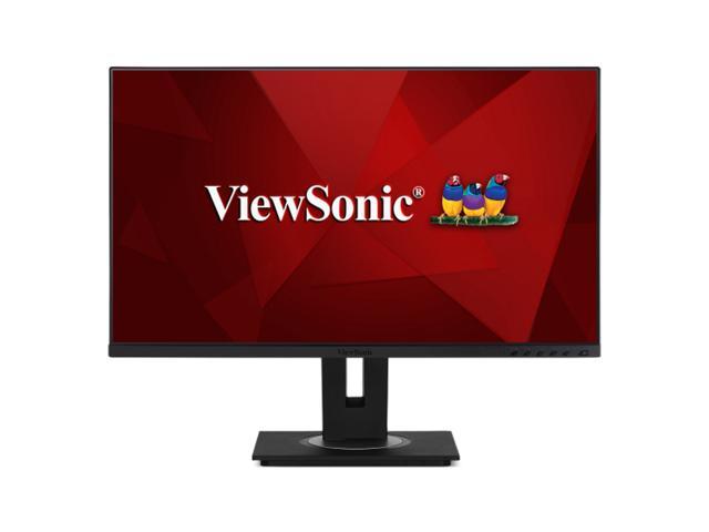 27-inch Ultra HD docking monitor with a sleek black frame, featuring a vibrant red background displaying the ViewSonic logo and colorful bird graphics.
