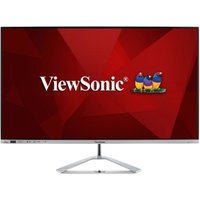 32" ViewSonic monitor with slim silver stand, WQHD display, thin bezels, and red background with ViewSonic logo.
