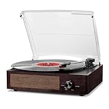 Brown retro vinyl record player with clear dust cover, built-in Bluetooth, and dual speakers.
