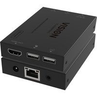 Black Vision HDMI-over-IP receiver with HDMI port, two USB ports, and Ethernet connection.