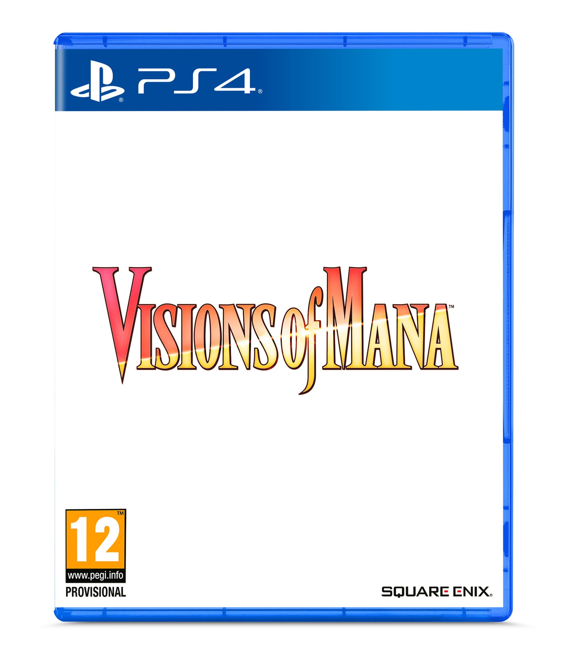 PlayStation 4 game case for "Visions of Mana" featuring a vibrant logo in red and gold on a white background, with a blue plastic cover and a 12+ age rating label.