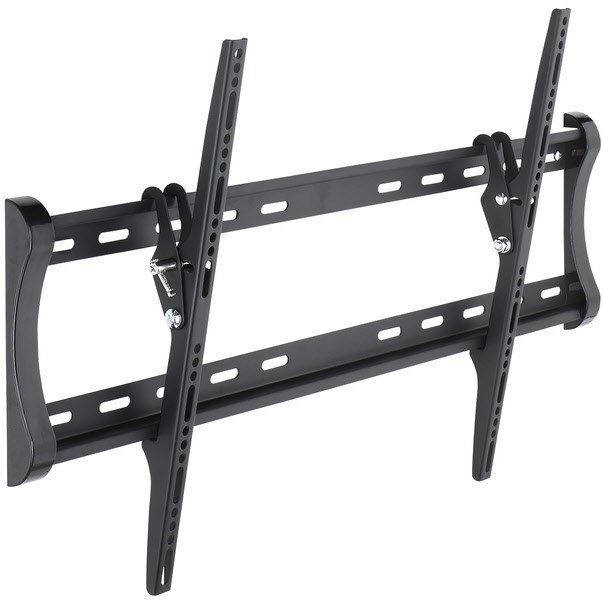 Black metal TV wall mount with adjustable brackets, featuring multiple mounting holes for versatility and sturdy support for flat-screen TVs.