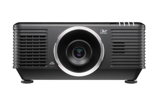Large black Vivitek DU7299Z data projector featuring a prominent circular lens, ventilation grilles on the sides, and labeled controls on the top, designed for high brightness with 9600 ANSI lumens.