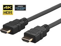 Black ultra-flexible HDMI cable measuring 12.5m, featuring gold-plated connectors, with 4K HDR and high-speed Ethernet compatibility labels.
