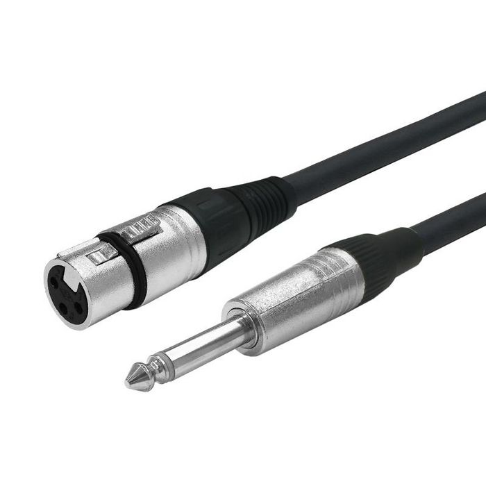 Black audio cable featuring a 1-meter length, with an XLR connector on one end and a 6.35mm jack on the other, showcasing durable metal and rubber materials.
