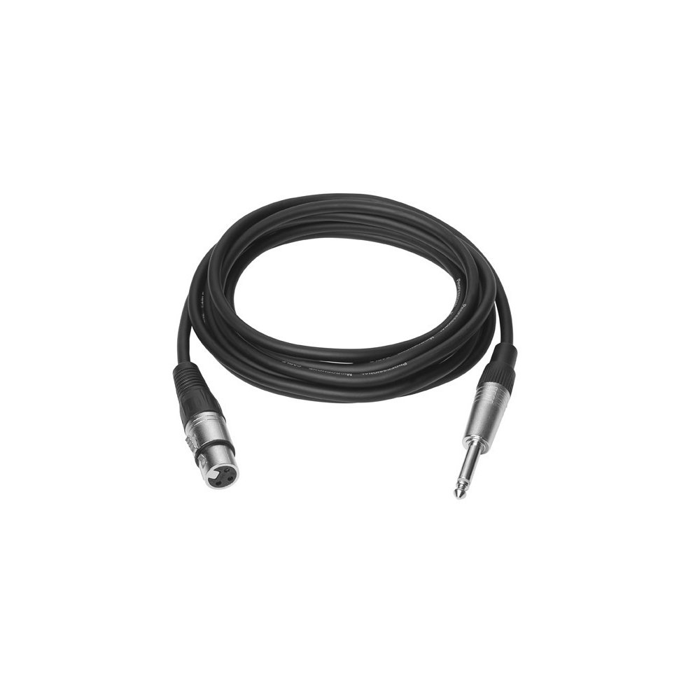 Black 10-meter audio cable featuring a sturdy XLR connector on one end and a 6.35mm jack on the other, designed for professional audio applications.