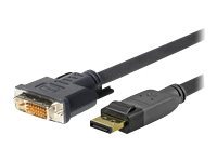 Black video cable adapter featuring a DVI-D connector on one end and a DisplayPort connector on the other, designed for high-quality video transmission.