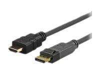 Black 2-meter video cable adapter featuring a DisplayPort connector on one end and an HDMI connector on the other, designed for high-definition video transmission.