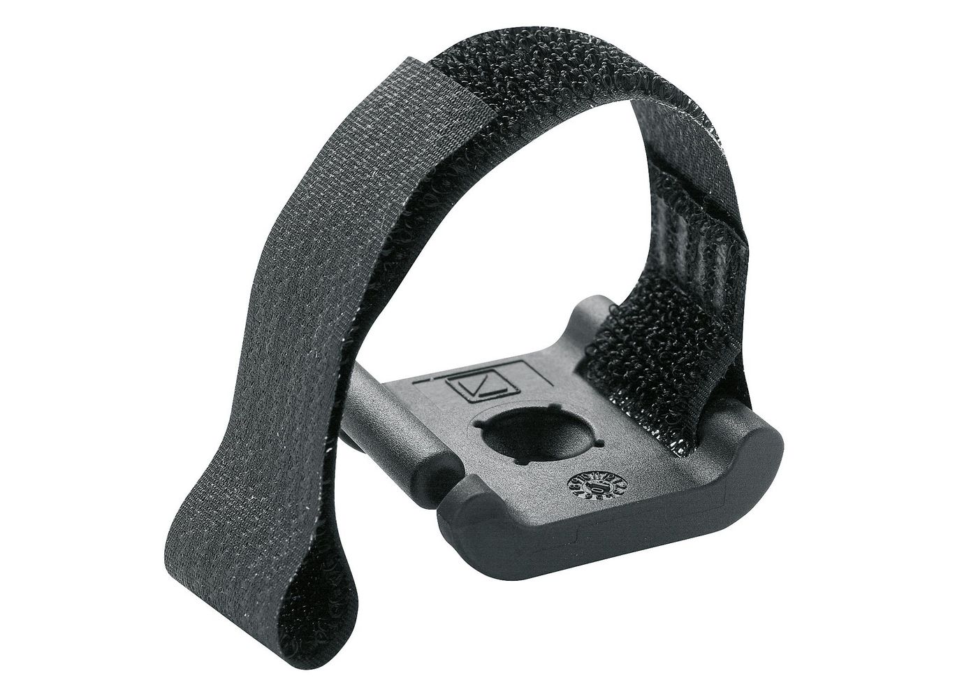 Black cable organizer clip made of durable plastic with a Velcro strap for securing cables, featuring a central hole for easy mounting on walls.
