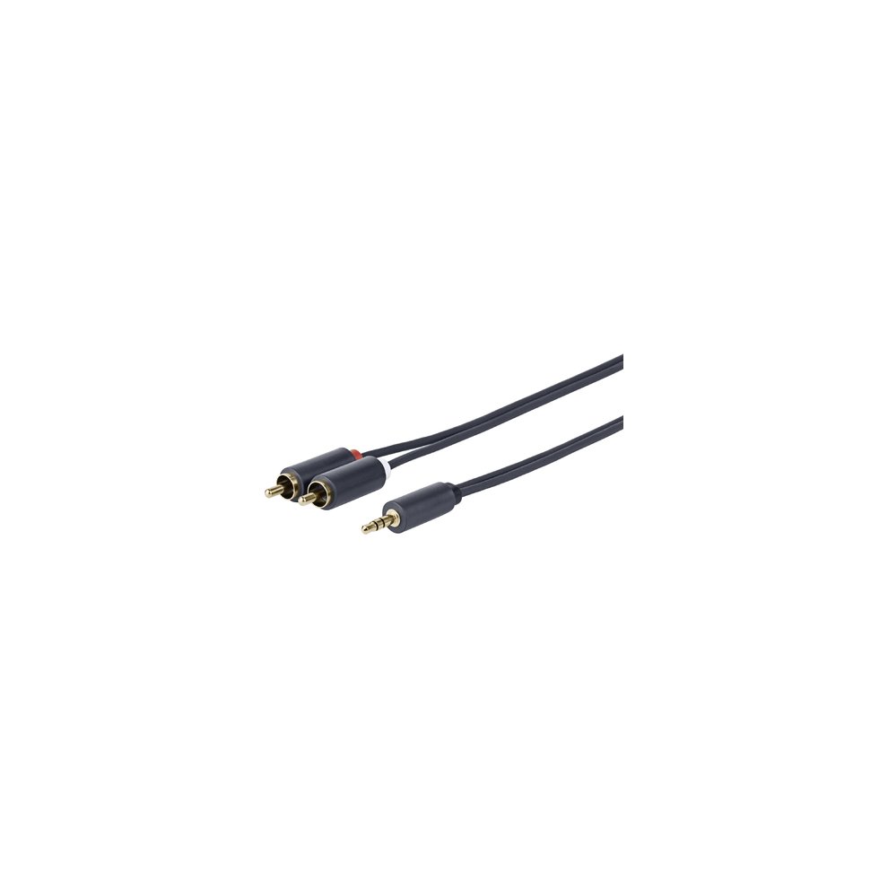 Black audio cable featuring a 3.5mm jack and two RCA connectors, measuring 3 meters in length, designed for high-quality audio transmission.