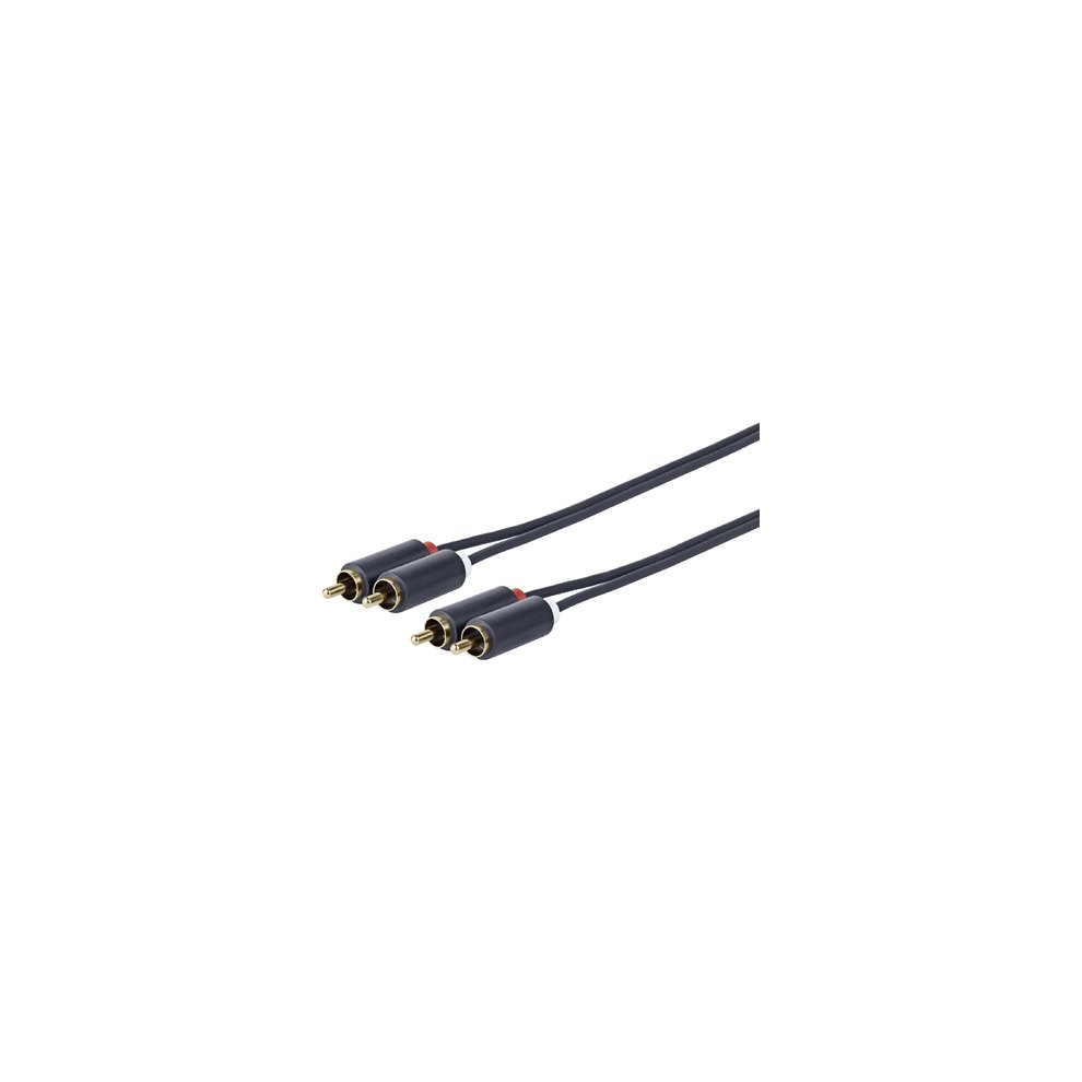 Black 2-meter audio cable featuring dual RCA connectors with gold-plated tips for optimal sound quality and durability.