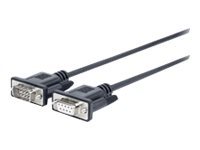 Black 1.5-meter D-sub 9-pin serial cable with two connectors, featuring a durable plastic casing and metal pins for reliable connectivity.