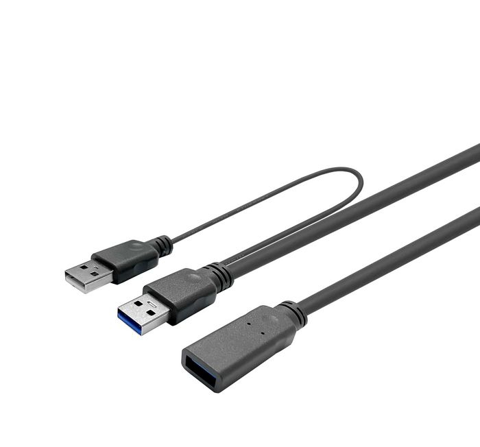 Black USB 3.2 Gen 1 cable, 15 meters long, featuring a standard USB-A connector and a USB-A female connector, designed for high-speed data transfer.