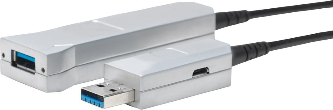 Silver USB cable featuring a USB A connector and a USB B connector, designed for USB 3.2 Gen 1, with a length of 50 meters, showcasing a sleek, metallic finish.