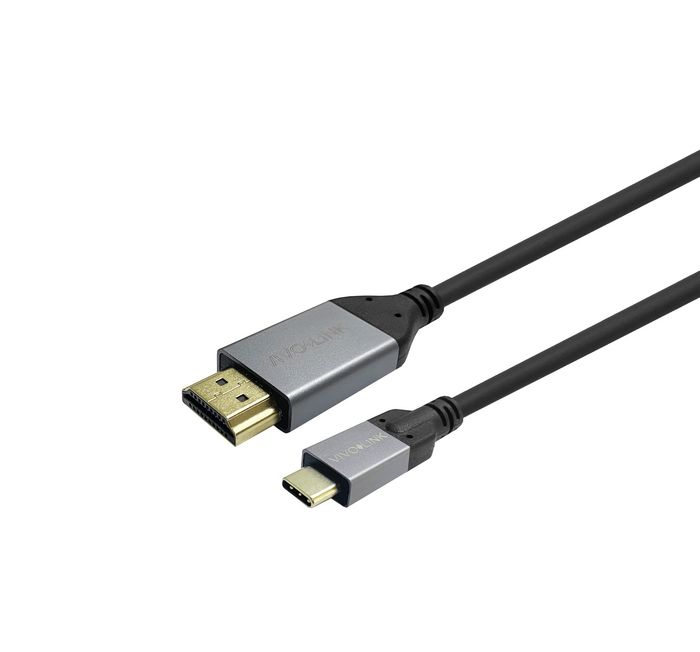 Black cable with a USB-C connector on one end and an HDMI connector on the other, featuring a sleek design and metallic accents for durability.
