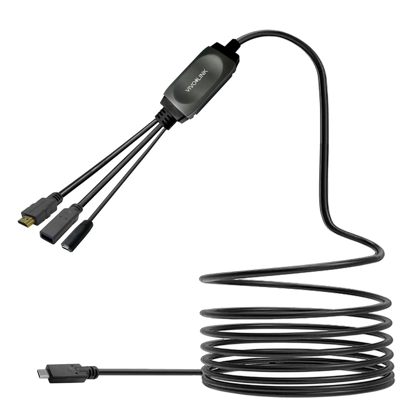 Black USB cable with a coiled design, featuring a central connector splitting into three ends: HDMI, USB-C, and USB 3.0, marked with the VivoLink logo.