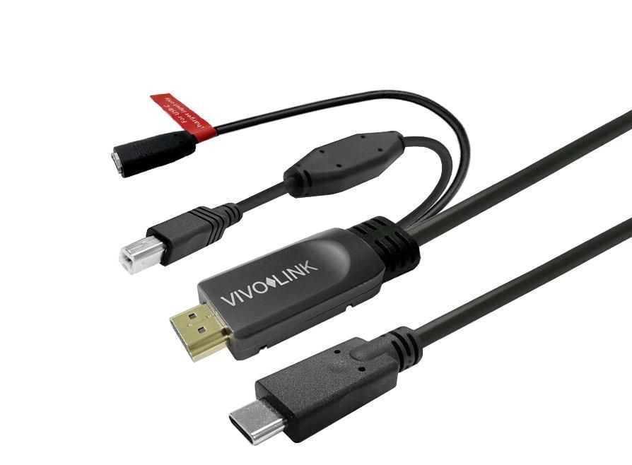Black USB cable with a USB-A connector, USB-C connector, and HDMI output; features a durable design with a red label on one end indicating compatibility.