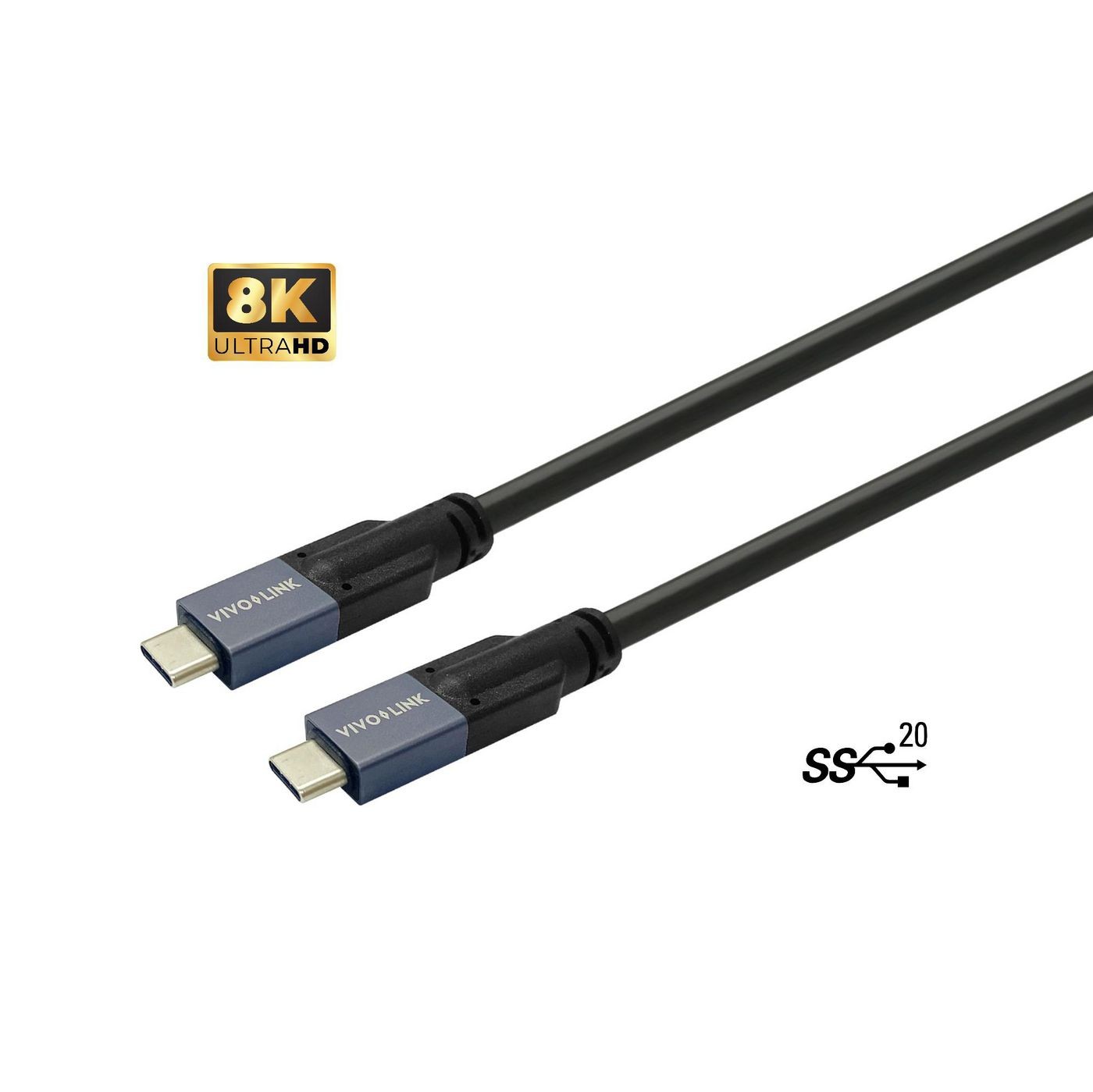 Black USB cable with two USB-C connectors, featuring a blue and black housing, labeled with "VIVO" and "8K ULTRA HD" logos, designed for high-speed data transfer.
