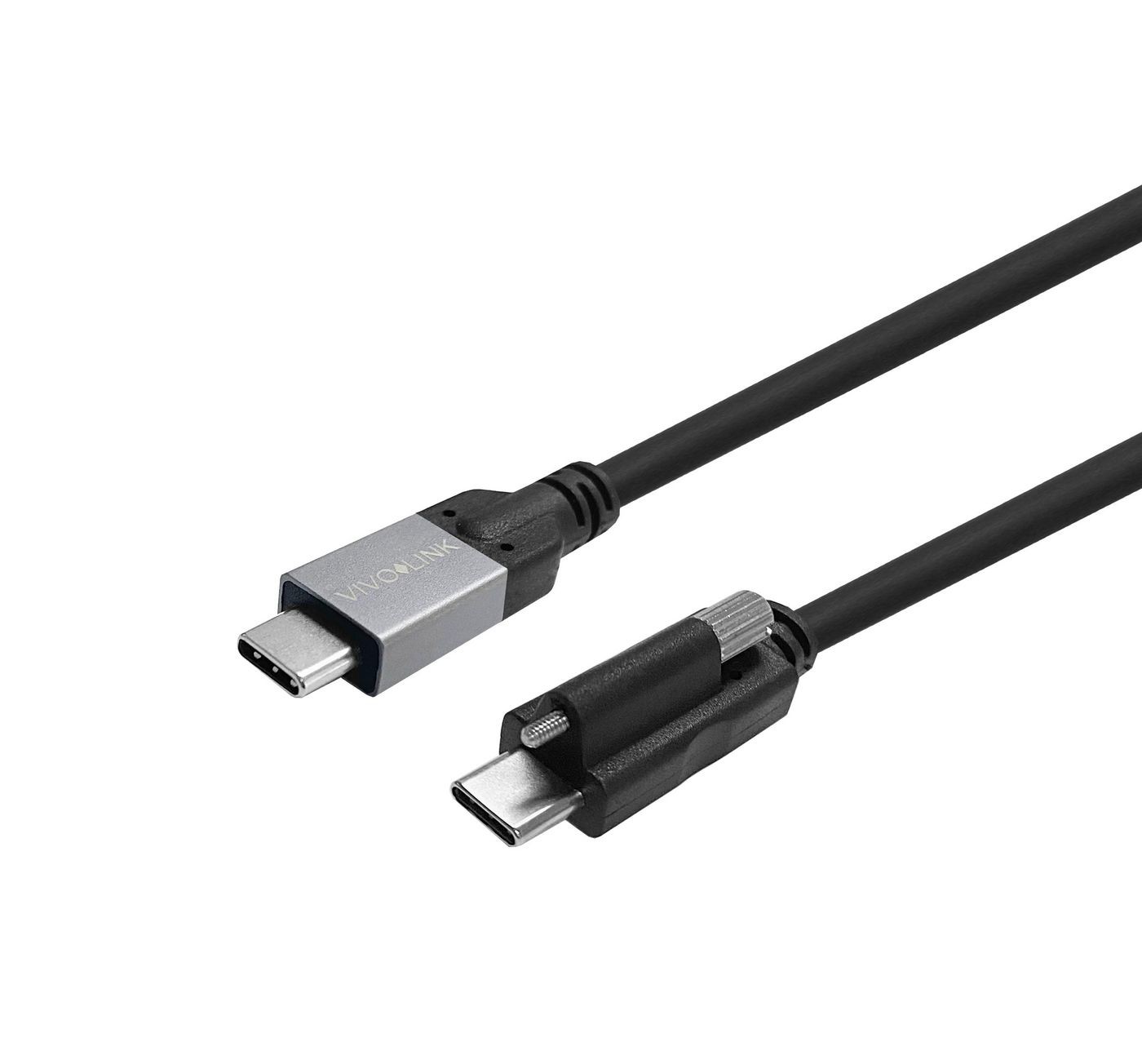 Black USB cable with a silver and black connector, featuring USB-C ends, designed for high-speed data transfer and charging.