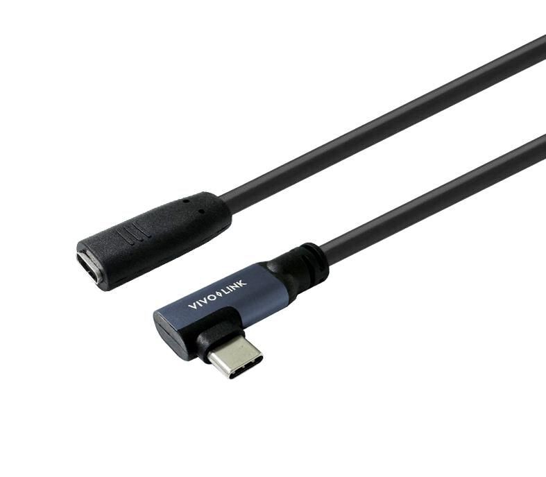 Black cable with a right-angle USB-C male connector on one end and a USB-C female connector on the other, featuring a durable design and VivoLink branding.