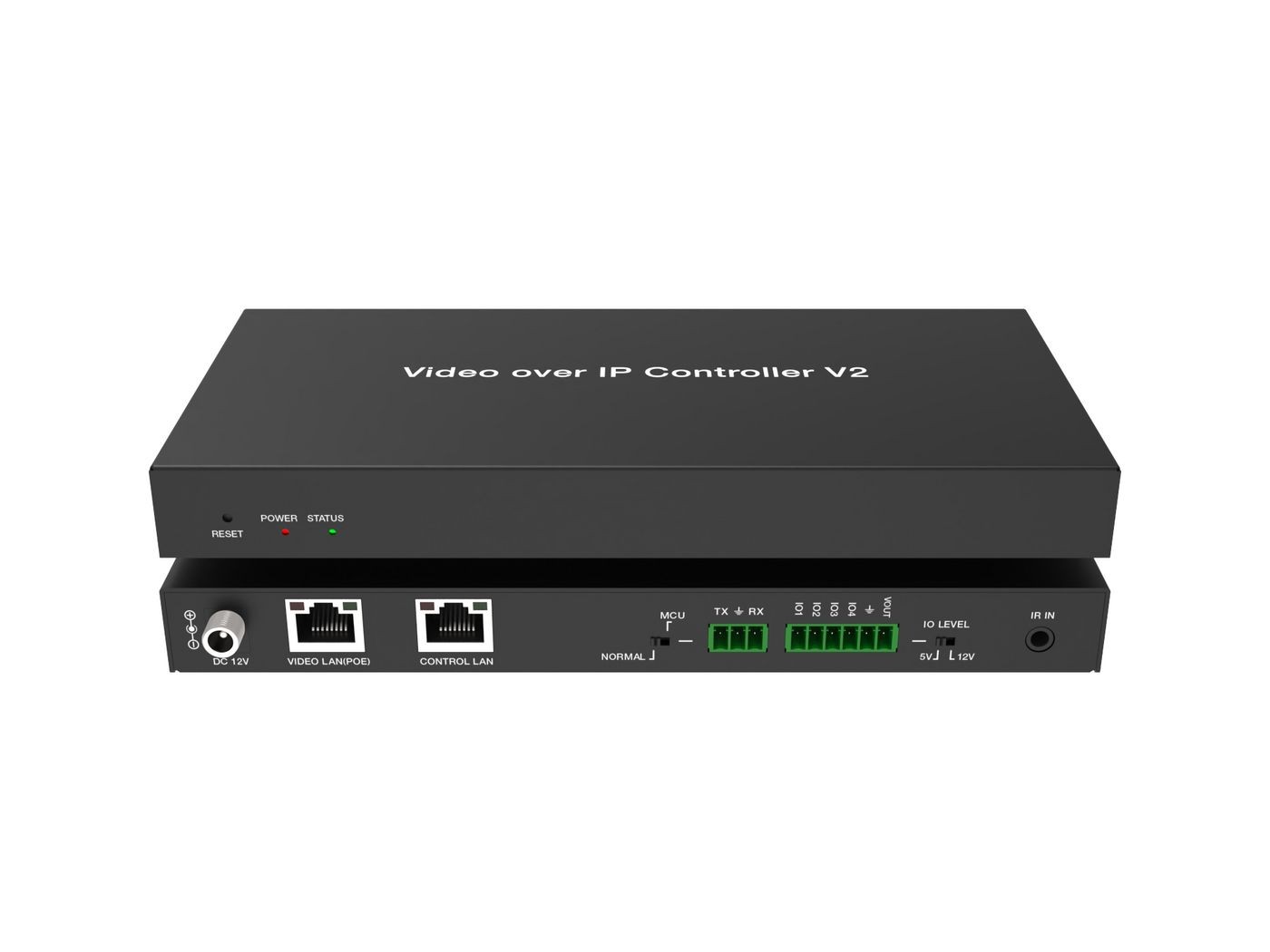 Black metal video over IP controller with multiple ports, including HDMI and LAN, featuring LED indicators and a sleek, low-profile design.