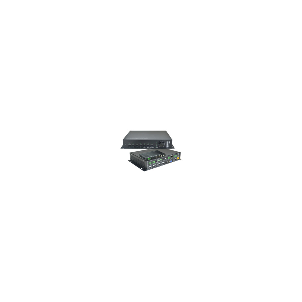 Vivolink VL120026 Video Scaler features a sleek black metal casing with various input/output ports, buttons, and an LED indicator for easy video signal management.