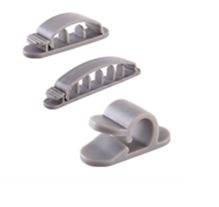 Black cable organizer set featuring three pieces, made of durable plastic, designed to hold and manage cables on desks or walls.