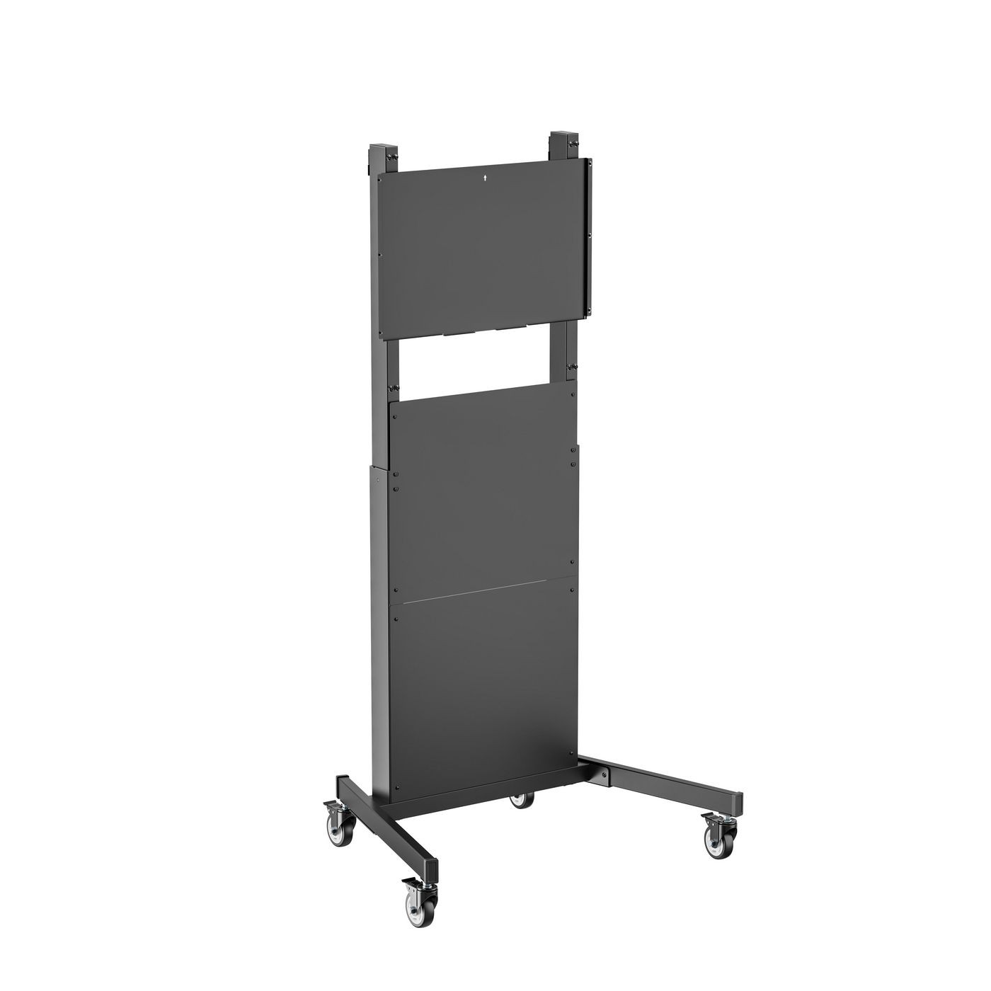 Black metal monitor mount stand with adjustable height, featuring a sturdy base on wheels for mobility and a sleek, minimalist design.