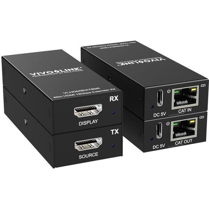 Two black HDMI extenders labeled "VivoLink VLHDMIEXT60," featuring ports for HDMI, Ethernet, and power, designed for extending AV signals up to 60 meters.
