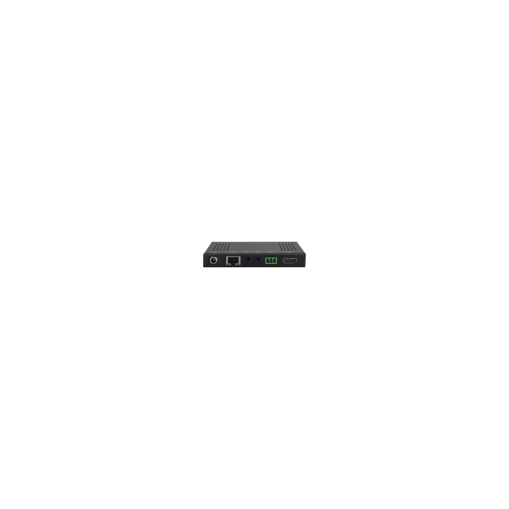 Black AV extender with HDMI and Ethernet ports, featuring a sleek design and ventilation slots, ideal for transmitting high-definition audio and video signals.