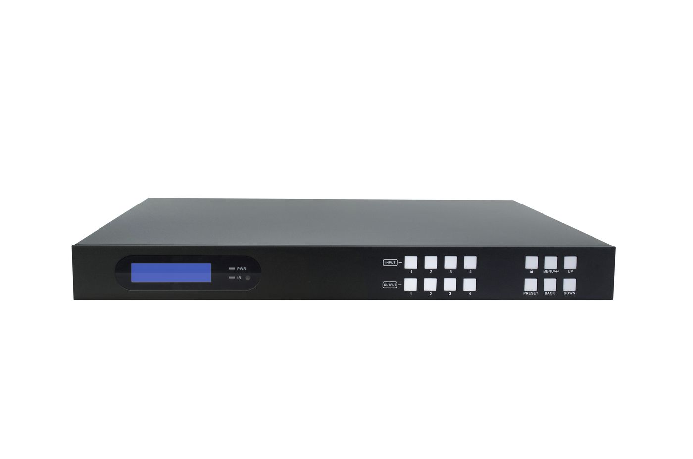 Black metal AV matrix switcher with a digital display and multiple control buttons for input selection, featuring a sleek, modern design.