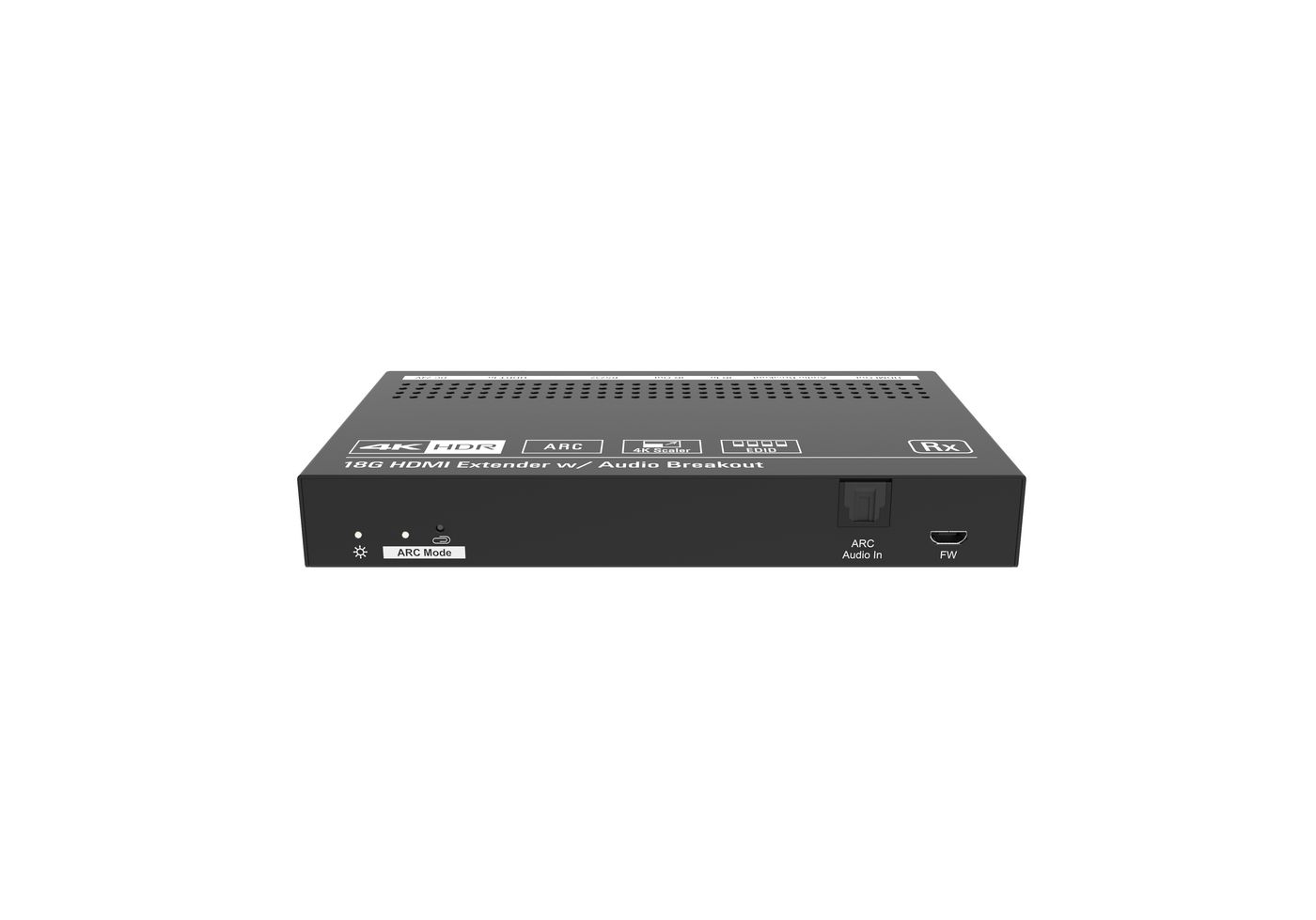 Black AV extender with HDMI and audio breakout features, displaying ports for ARC and firmware updates, and a ventilation grill on top.