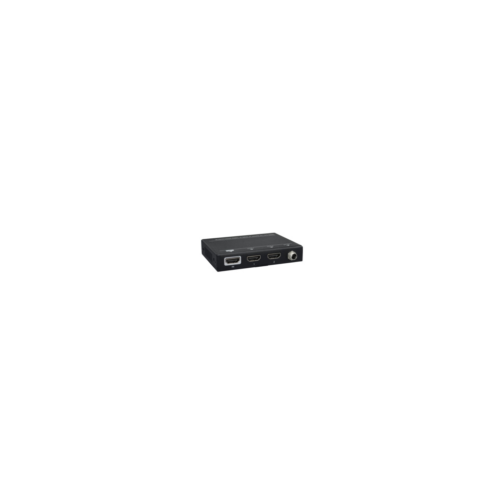 Black HDMI video splitter with two HDMI output ports, one HDMI input port, and a USB port, featuring a compact design suitable for connecting multiple displays.