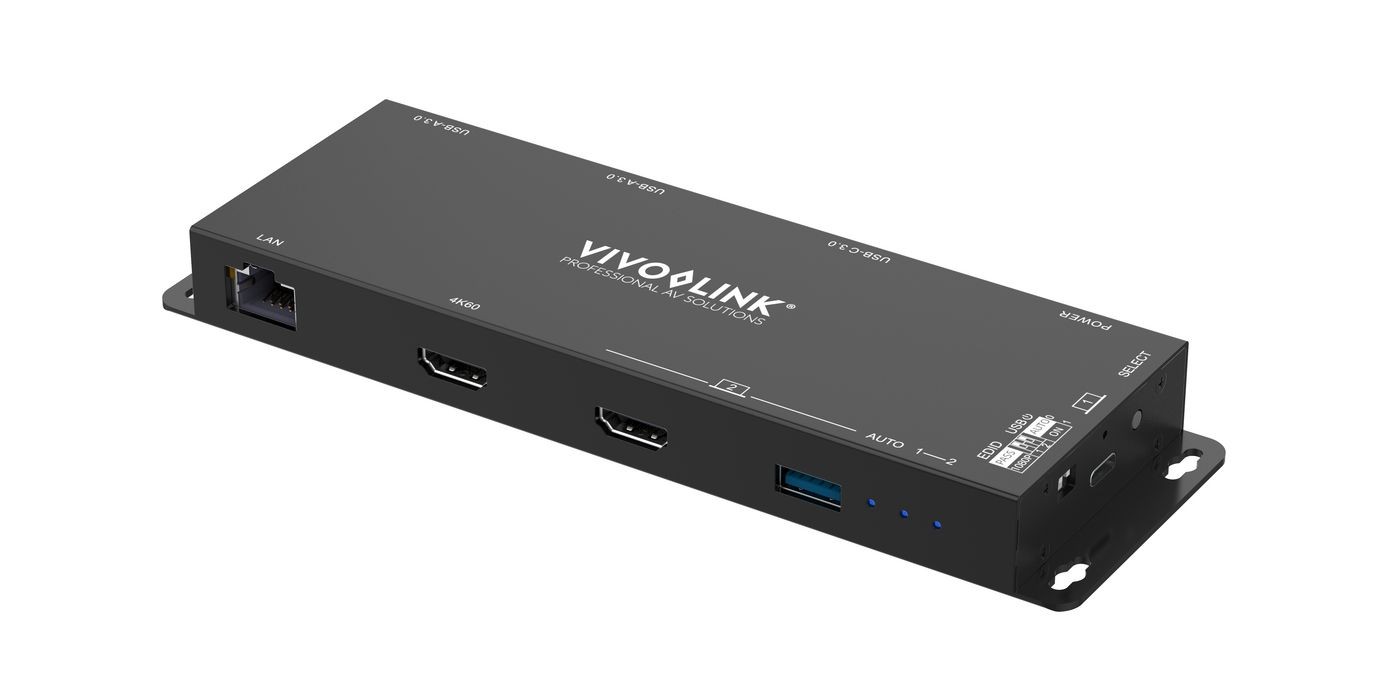 Black USB graphics adapter with multiple ports, including two HDMI, one USB-A, and one LAN, featuring a sleek design and LED indicators for connectivity status.