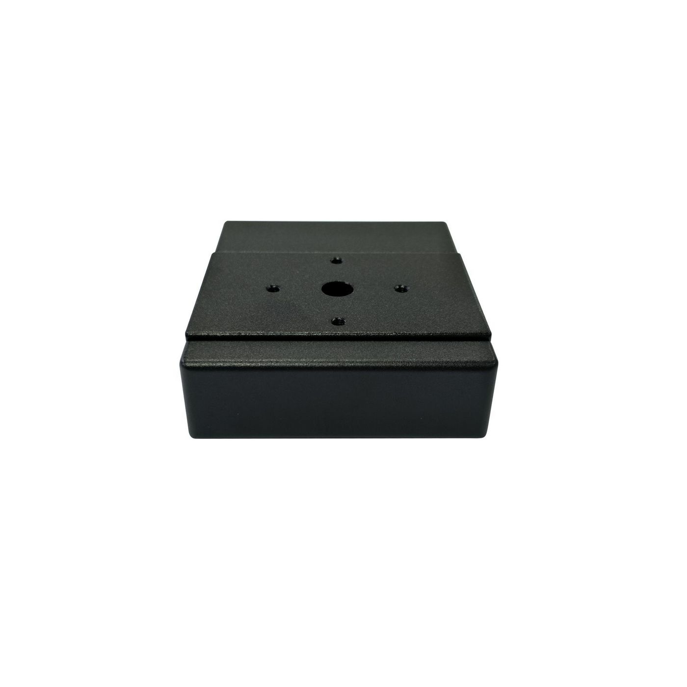 Black metal camera mounting accessory with a flat rectangular base, featuring four mounting holes and a central hole for secure attachment.