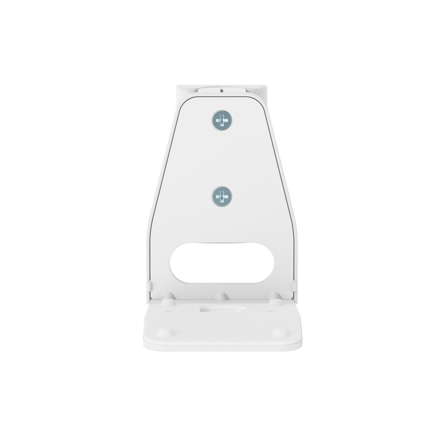 White metal speaker mount with a triangular design, featuring two mounting holes and a central cutout for cable management, designed for secure speaker installation.