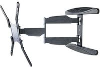 Black metal TV mount/stand designed for 55-inch screens, featuring adjustable arms, a sleek modern design, and sturdy construction for secure wall mounting.