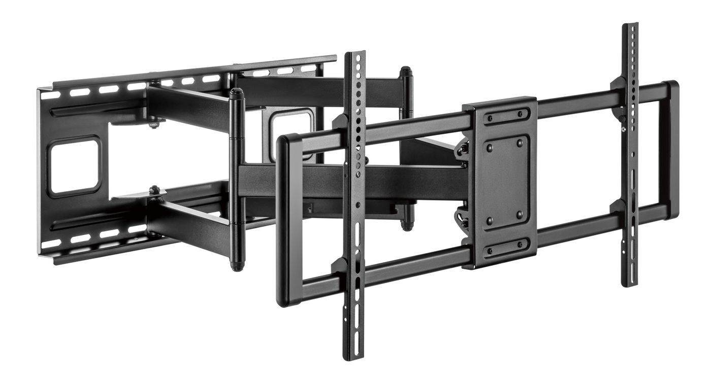 Black metal TV mount/stand with adjustable arms, designed for 90" screens, featuring a sturdy construction and multiple mounting holes for secure installation.