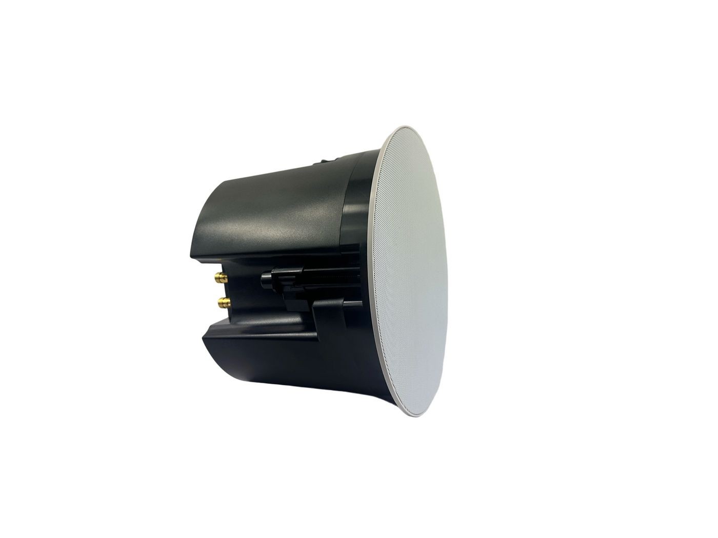 Black and white circular loudspeaker with a sleek design, featuring a metal grille and gold connectors on the back for easy installation and connectivity.