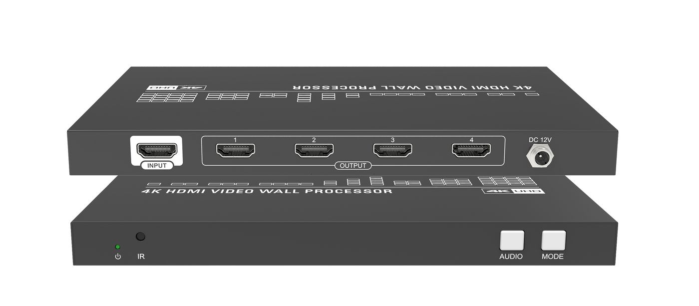 Black Vivolink VLVW1X4 Video Wall Processor featuring multiple HDMI ports, an input/output configuration, and labeled audio and mode controls.