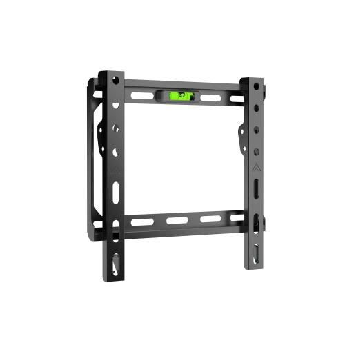 Black metal wall mount for small monitors, featuring adjustable brackets, multiple mounting holes, and a built-in level for precise installation.