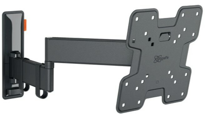 Black Vogel's COMFORT TVM 3245 B wall mount with a flexible arm, featuring multiple mounting holes for TV attachment and an orange release button for easy adjustment.
