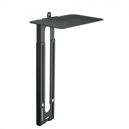 Black metal camera and loudspeaker holder with a flat shelf and vertical support, featuring multiple mounting holes for adjustable positioning.