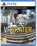 The PSVR2 game "VR Skater" by PERP GAMES features a vibrant cover with a skateboarder mid-air over a checkered ramp, surrounded by palm trees and bold yellow text.