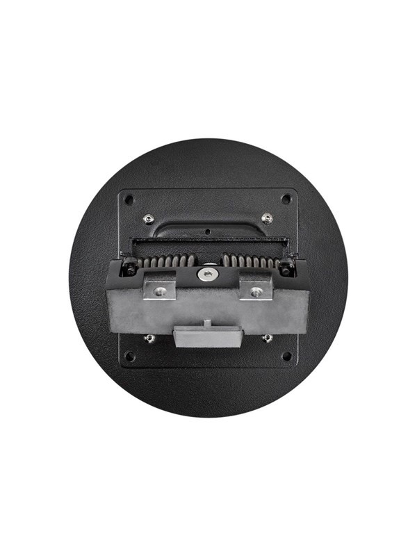 Black circular base with a textured surface, featuring a central adjustable clamp mechanism and metal mounting brackets for securing graphic tablet accessories.