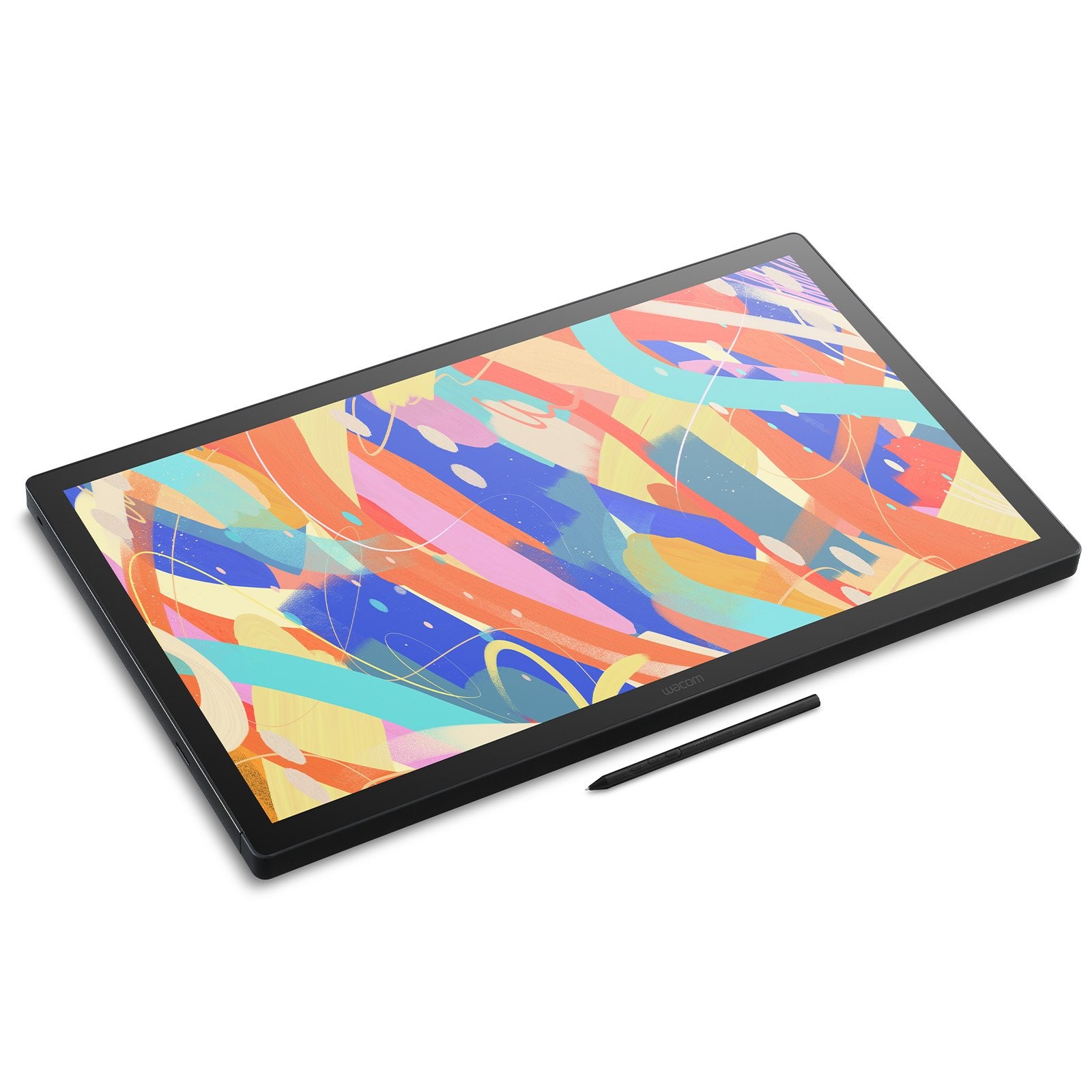 Wacom Cintiq 24 graphic pen display with a vibrant, colorful abstract design on the screen, featuring a sleek black frame and a stylus resting beside it.